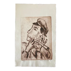 Boris Deutsch, Shtetl Village Doodka Player Modernist Artist Etching, 1970