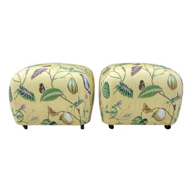 Vintage Newly Upholstered Ottomans in Thibaut “Lillian” Fabric – Coastal Palm Beach Style, Pair For Sale
