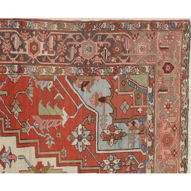 Antique Persian Serapi Carpet, Handmade Wool Oriental Rug, Rust, Ivory, Lit Blue For Sale - Image 9 of 17