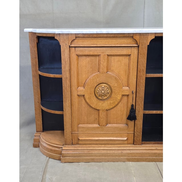 Early 20th Century Antique Early 1900s Oak Console Cabinet With Doors, Shelves and a Marble Top For Sale - Image 5 of 18