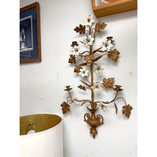 French Pair of Late 19th Century French Gilt Metal and Opaline Glass Five-Light Floral Candle Sconces For Sale - Image 3 of 12