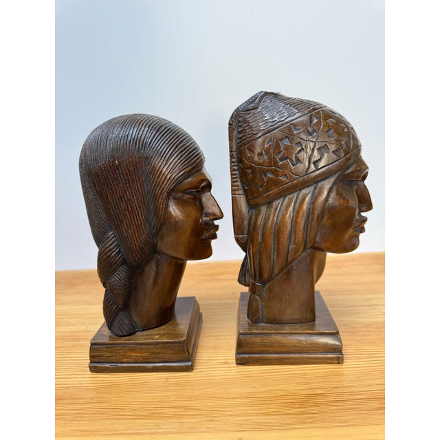 1940s 1940s Signed Silva Art Deco Carved Wood Busts - A Pair For Sale - Image 5 of 11