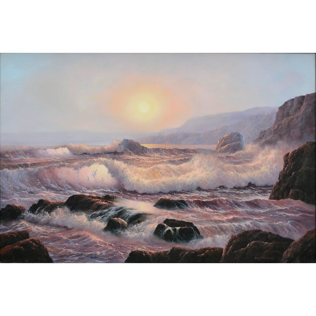 Beautiful scene of the ocean shore, with light from the sunset shining through the waves by Evelyn Woodward (American,...