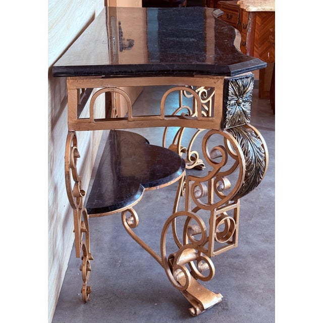 French 19th Louis XV Wrought Iron Gilded Console with Marble top and Low Shelve For Sale - Image 18 of 18