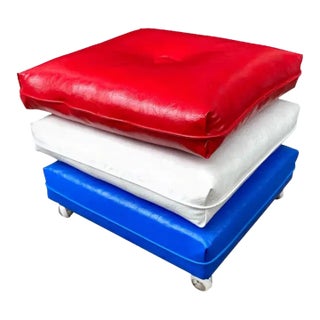 1970s Red, White & Blue Stacked Pillows Ottoman on Wheels - Set of 3 For Sale