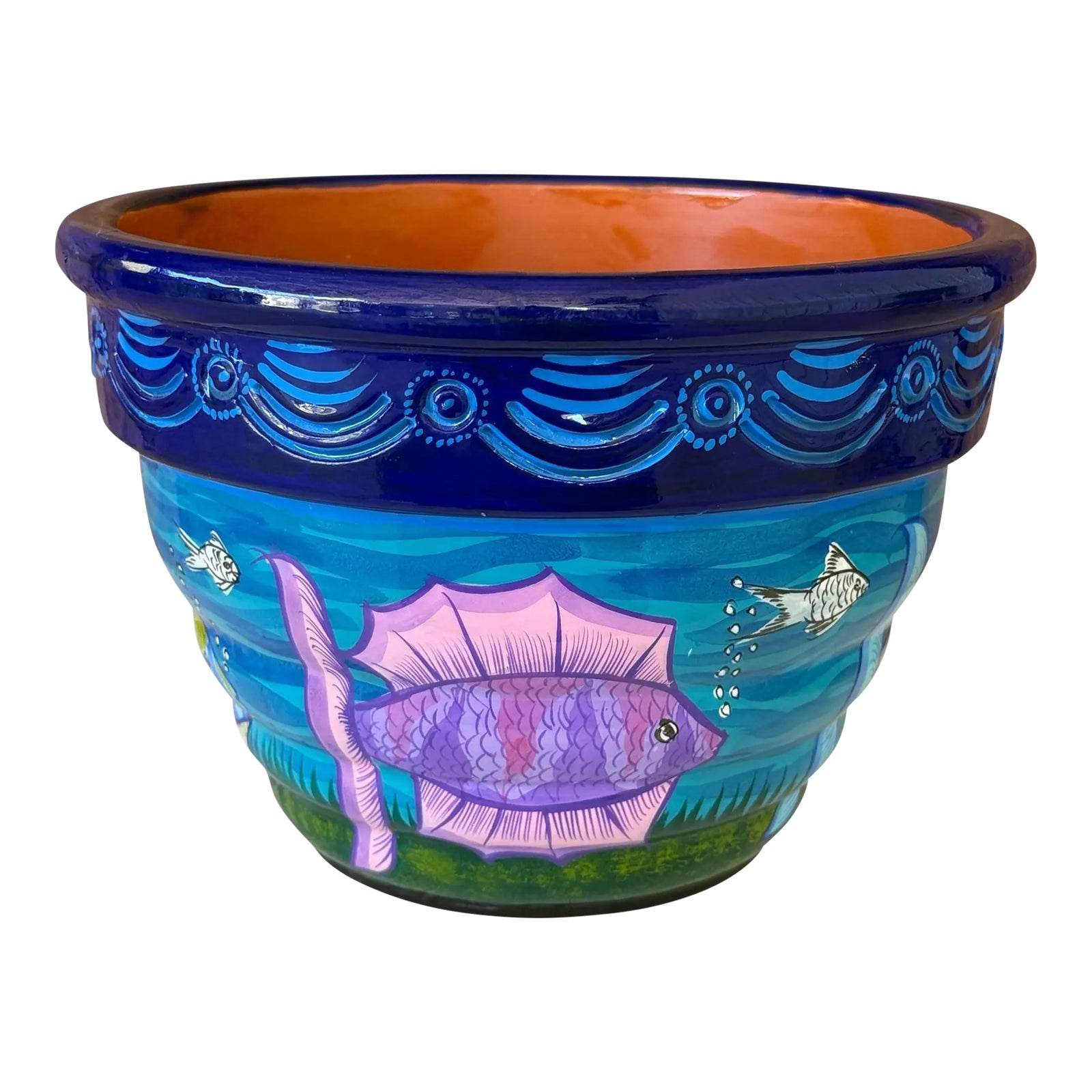 Vintage Hand-Painted Terracotta Glazed Fish Motif Cachepot by Spang ...