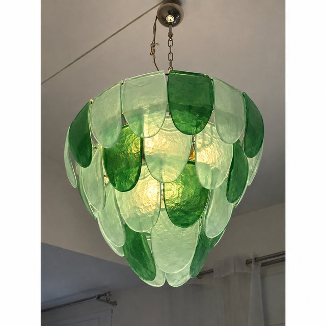 Luxury modern Chromed chandelier with random green "Petals" in Murano glass. Hand-made in Murano glass , all made in Italy...