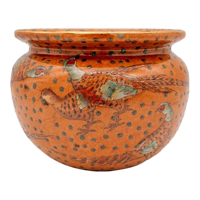 Vintage Chinese Orange Glazed Pheasant Chinoiserie Cachepot For Sale