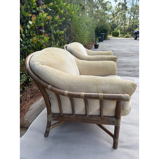 McGuire McGuire Rattan Lounge Chairs With Upholstered Seats - A Pair For Sale - Image 4 of 17