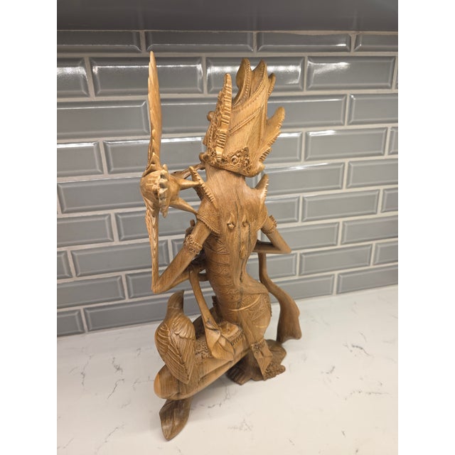 Art Deco Museum-Quality Mid 20th Century Balinese Suar Wood Goddess Dewi Sri With Birds Masterwork Sculpture (Mas, Bali) For Sale - Image 3 of 11