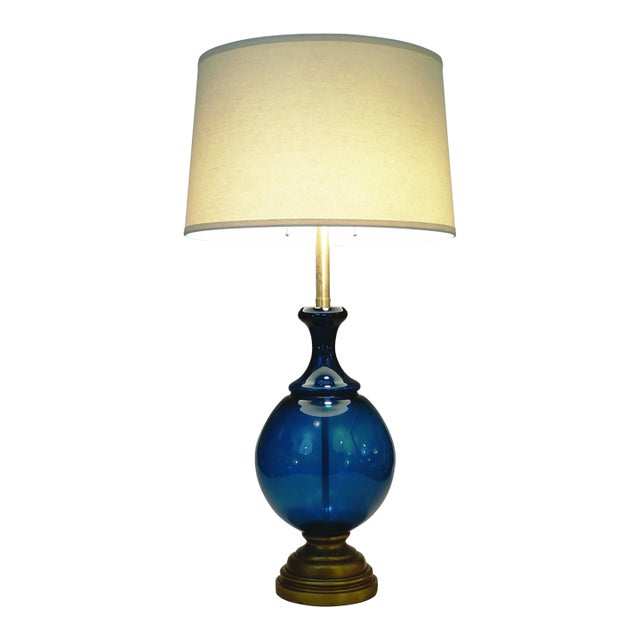 Xlarge Marbro Thick Blown Murano Italy Ultramarine Art Glass Brass Table Lamp 1960's Blenko For Sale