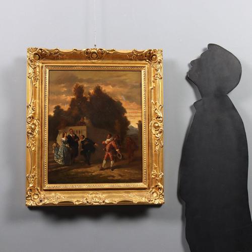 Oil on canvas. French school, mid-19th century. The scene, set at the entrance to the park of a villa during a romantic...