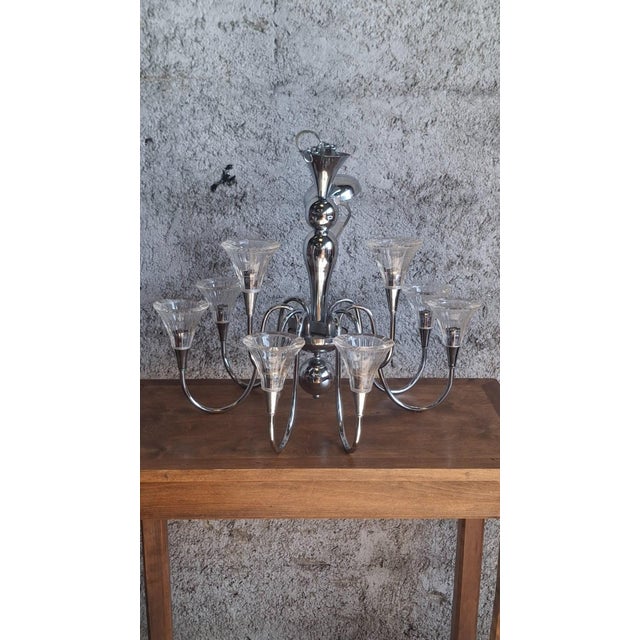 Tulip-Shaped Chandelier in Chrome Metal and Thick Glass, 1930s For Sale - Image 9 of 17