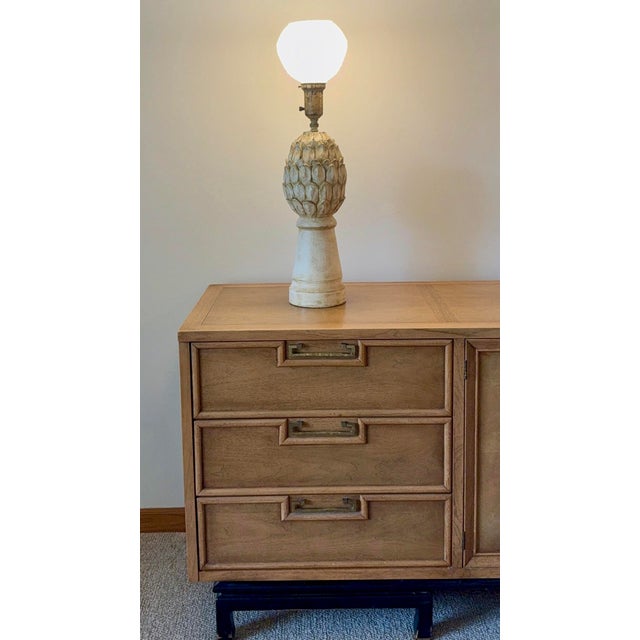 Sculpture Materials Vintage Hollywood Regency Carved Artichoke Table Lamps, Pair With Ribbed Milk Glass Globes For Sale - Image 7 of 9