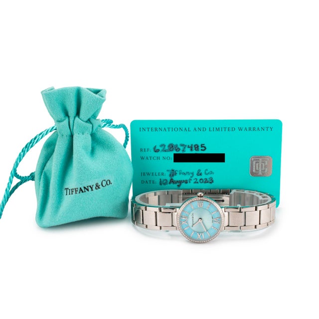 Metal Ladies Tiffany & Co. Blue Atlas 2-Hand 24mm 62867485 Diamond Steel Quartz Watch For Sale - Image 7 of 9
