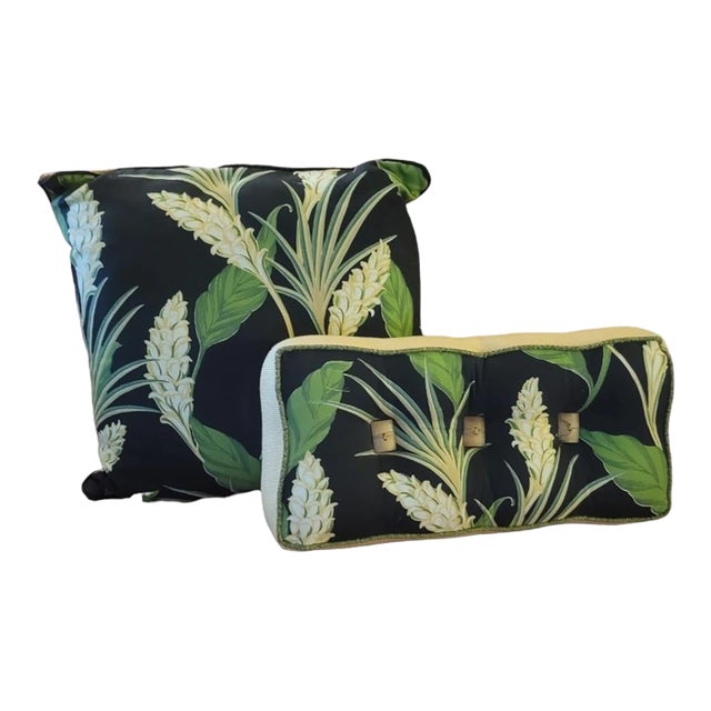 Dorothy Draper Tropical Regency Brizillance Style Black Green Palm Leaf Throw Pillows- a Pair For Sale