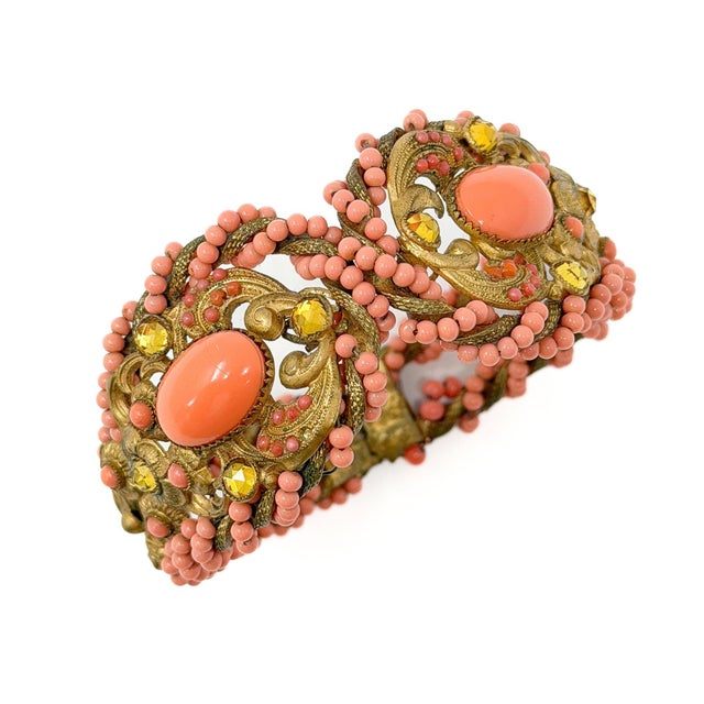 Vintage Coral Glass and Yellow Rhinestone Clamper Cuff, 1940 For Sale - Image 11 of 11