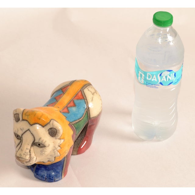 1950 South African Handmade Colorful Raku Ceramic Lion Animal Sculpture Folk Art For Sale - Image 16 of 18