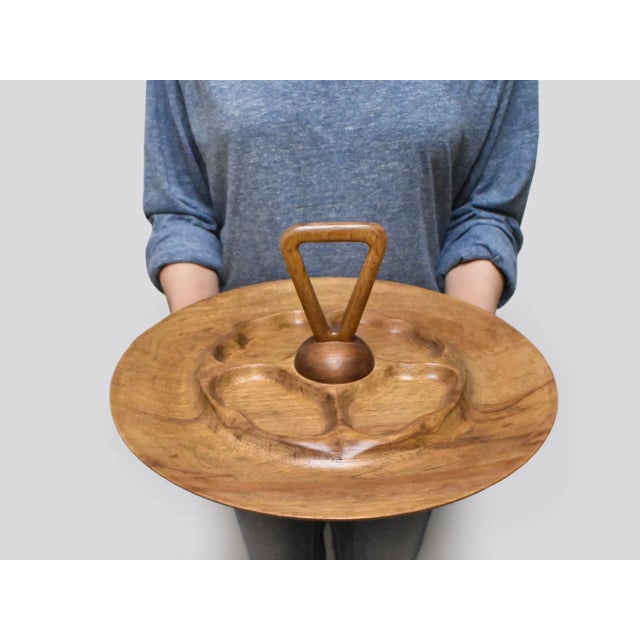 Wood Mid-Century Round Pecan Wood Carved by Overton Serving Platter Tray Dish With Handle For Sale - Image 7 of 8