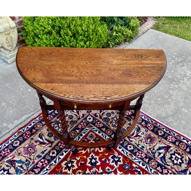 Brown Antique English Demilune Table Drop Leaf Barley Twist W Drawer Oak Round 1920-30 For Sale - Image 8 of 12