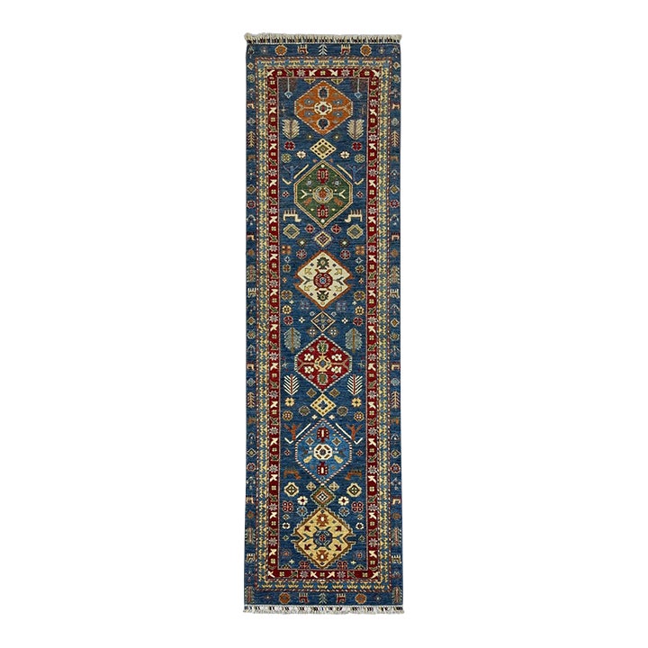Blue Kazak Style Tribal Runner Rug - 2'9
