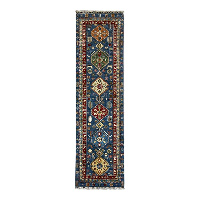 Blue Kazak Style Tribal Runner Rug - 2'9" X 10'3" For Sale
