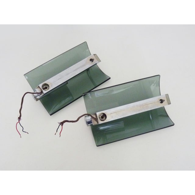 Silver Vintage Italian Wall Lights in Bluish Smoked Glass and Chrome, 1970s, Set of 2 For Sale - Image 8 of 9