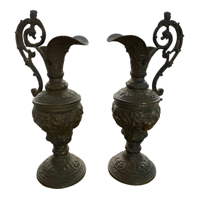 Antique Guilded Cast Brass or Bronze Ornate Renaissance Ewers / Pitchers- a Pair For Sale