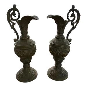 Antique Guilded Cast Brass or Bronze Ornate Renaissance Ewers / Pitchers- a Pair