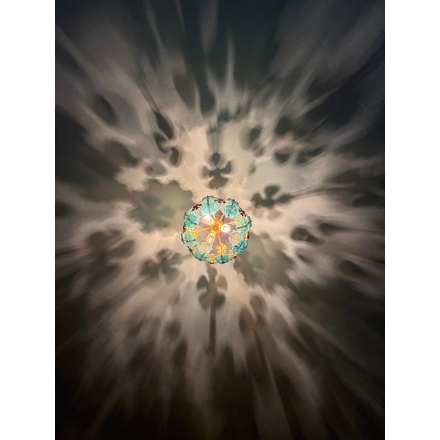 1970s Mid-Century Modern Style Teal Turquoise Hand-Painted Glass and Gold Floral Chandelier⁠ For Sale - Image 6 of 17