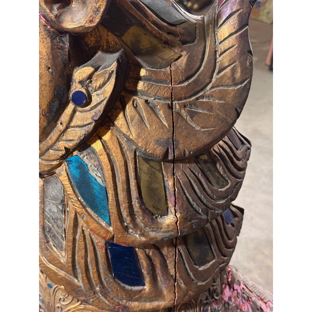 Wood Antique c.1920's/30's Pair of Monumental Burmese Carved Wood Gilt Temple Guardian Lions / Foo Dogs For Sale - Image 7 of 18