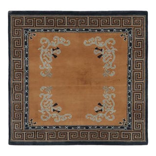 Rug & Kilim’s Chinese Art Deco Inspired Square Rug, Brown With Greek Key Border For Sale