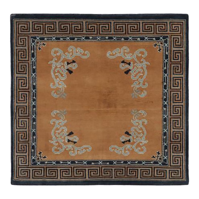 Rug & Kilim’s Chinese Art Deco Inspired Square Rug, Brown With Greek Key Border For Sale