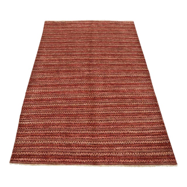Gabbeh Rug 4'7'' X 6'9'' Red Wool Striped Contemporary Hand-Knotted Carpet For Sale