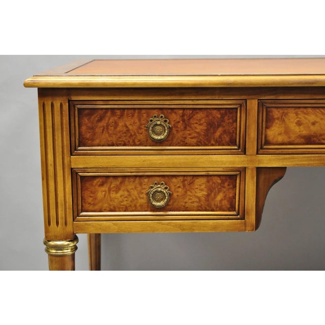 French Vintage French Louis XVI Style Burl Walnut Tooled Leather Top Writing Desk For Sale - Image 3 of 18