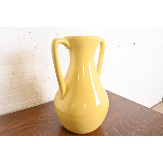 Robinson Ransbottom Pottery Co. Robinson Ransbottom of Roseville Arts & Crafts Large Yellow Glazed Handled Art Pottery Jug or Vase, 1930s For Sale - Image 4 of 12