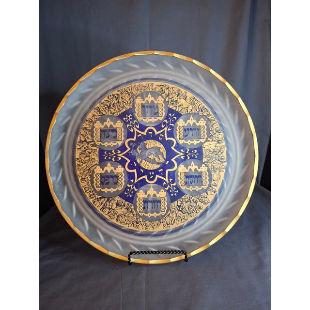 Metal Vintage A. Barton Creation 24k Gold & Cobalt Blue Glass Seder Plate - 13.25" For Sale - Image 7 of 16