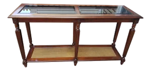 1970s Mid Century Two Tier Walnut Glass Faux Cane Console Sofa Table