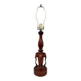 Mid 20th Century Hollywood Regency Thai Hand-Carved Teak Wood Elephant & Lotus Table Lamp Base For Sale