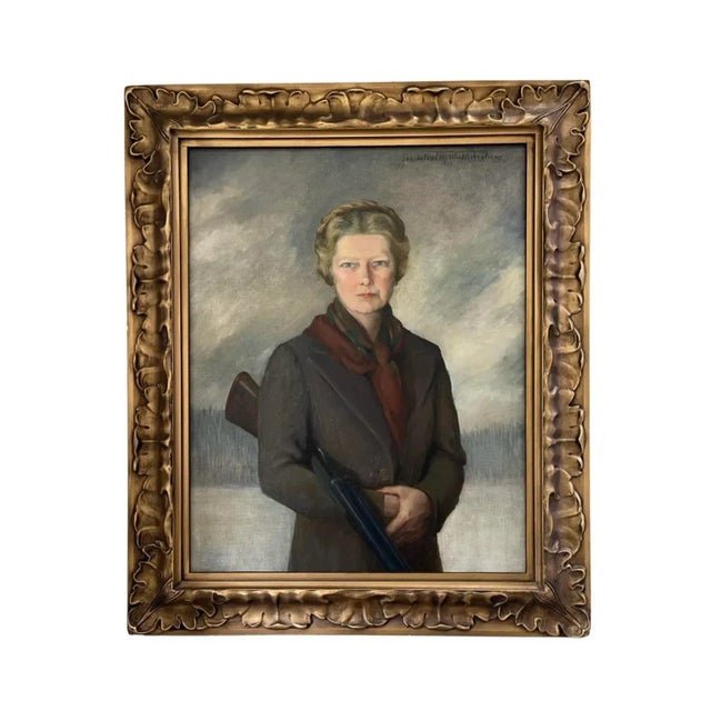Gray Large Oil Painting Portrait of a Scottish Socialite With Rifle by Jeanie Walkinshaw For Sale - Image 8 of 8