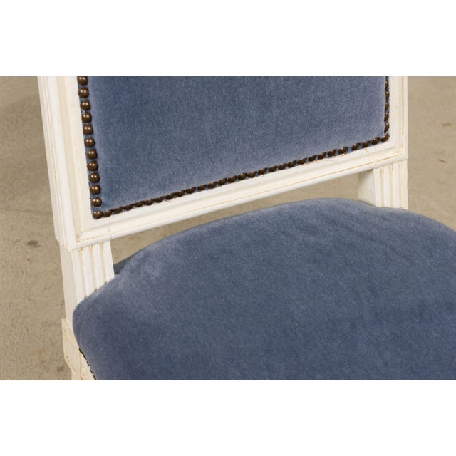Blue Antique French Louis XVI Style Painted Side Chairs W/ Blue Mohair – A Pair For Sale - Image 8 of 18