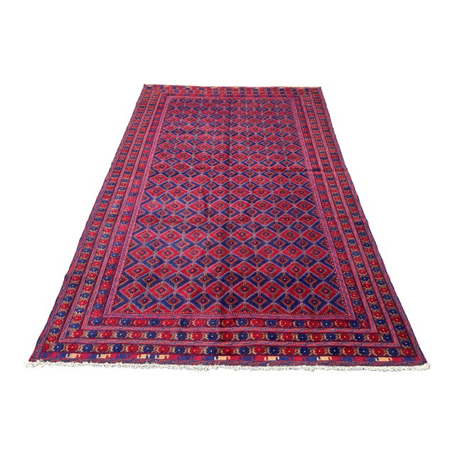 Mushwani Red and Blue Andkhoy Hand-Knotted Wool Rug - 6'4" X 9'11" For Sale