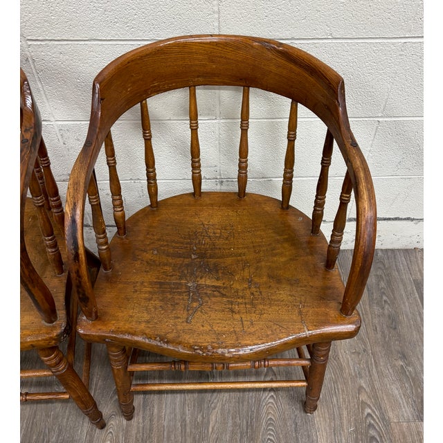 Antique 19th Century Primitive Oak Barrel Back Pub Chairs Captain’s Arm Chairs For Sale - Image 4 of 11