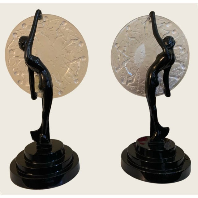 15” high, a spectacular matched pair of Frankart lamps by Sarsaparilla, the “moon” glass part was made by the Consolidated...