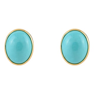 Modern 18k Yellow Gold 1 Carat Oval Turquoise Bezel Set Stud Earrings for Women- A Pair For Sale