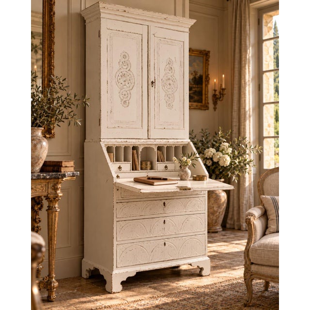 19th Century White Lacquered Oak Bookcase with Secretaire For Sale - Image 3 of 6