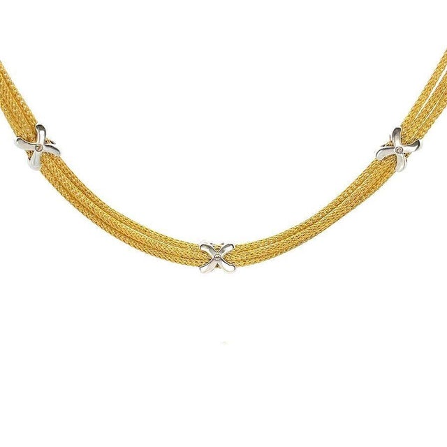 Diamond 18k Gold Necklace Triple Strand X Motifs Mesh Chain For Sale - Image 4 of 6