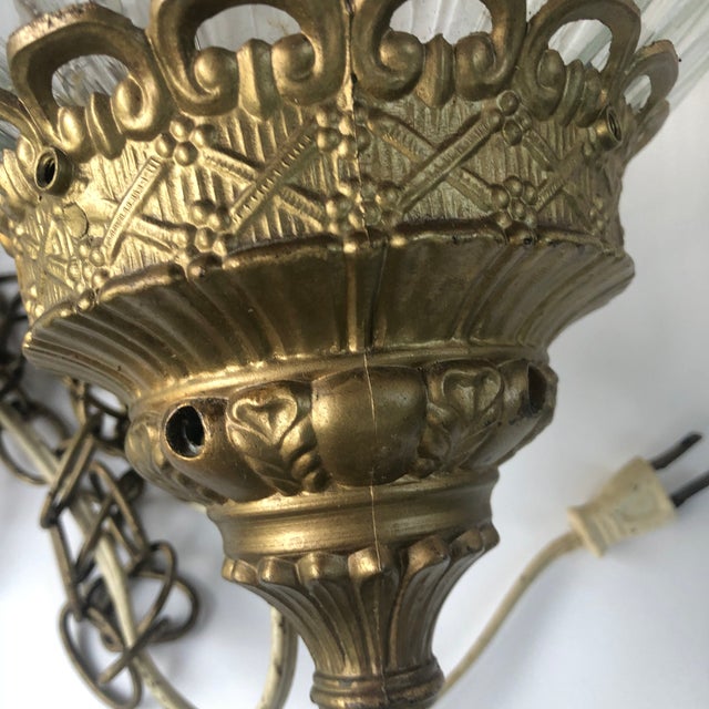 Mid 20th Century Hollywood Regency Round Opaque and Clear Swag Lamp Brass Flowers For Sale - Image 12 of 13