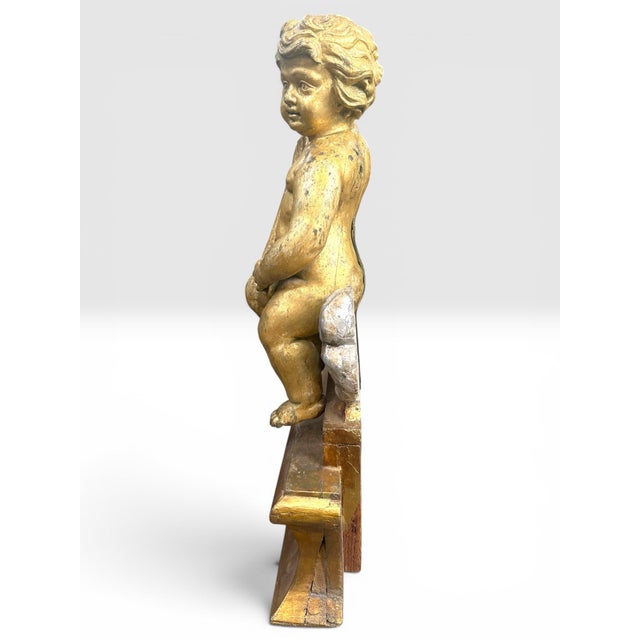 Gold Large 18th C. Italian Baroque Carved, Gilded, Silvered Wood Putto Figure Seated. For Sale - Image 8 of 9