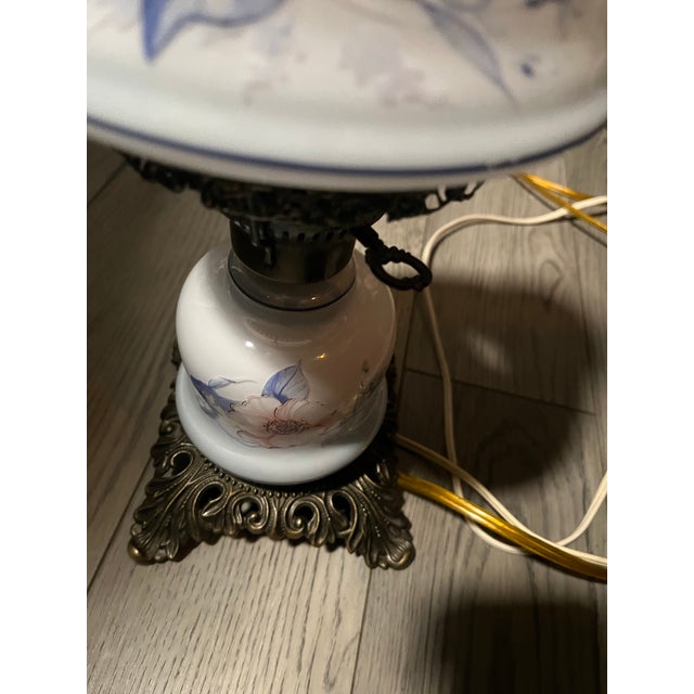 Off-white Antique Milk Glass Hurricane Double-Stacked Table Lamp W/ Blue & Pink Hand Painted Florals For Sale - Image 8 of 11